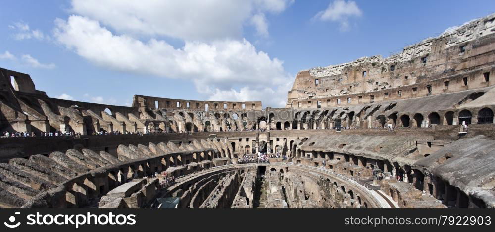 Panoramic view of the famous Colosseum or Coliseum, also known as the Flavian Amphitheatre.