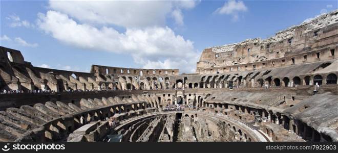 Panoramic view of the famous Colosseum or Coliseum, also known as the Flavian Amphitheatre.