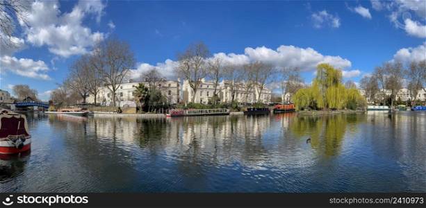 Panoramic view of the Grand Union Canal in the Little Venice area of central London, United Kingdom.