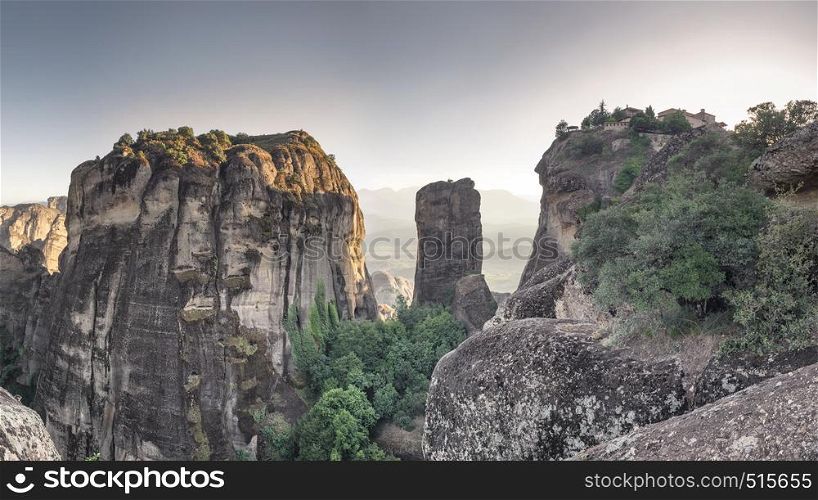 Panoramic view of the Great Meteoron Monastery in Meteora, Kalambaka town in Greece, on a summer evening. Great Meteoron Monastery in Greece
