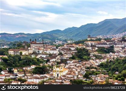 Panoramic view of the historic city of Ouro Preto with its church and baroque-style buildings. Panoramic view of the city of Ouro Preto