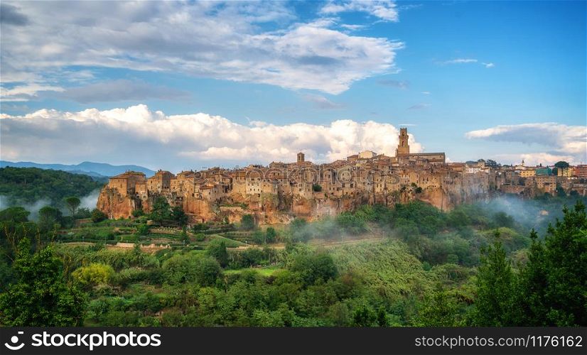 Panoramic view of the historic hilltop village of Pitigliano, Grosseto, Tuscany, Italy.. Old town of Pitigliano, Grosseto, Tuscany, Italy.
