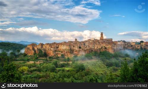 Panoramic view of the historic hilltop village of Pitigliano, Grosseto, Tuscany, Italy.. Old town of Pitigliano, Grosseto, Tuscany, Italy.