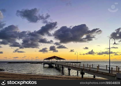 Panoramic view of the Jetty 2 minutes prior to sunrise in Redcliffe, Queensland, Australia