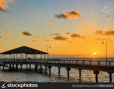 Panoramic view of the Jetty during sunrise in Redcliffe, Queensland, Australia