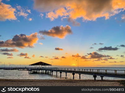 Panoramic view of the Jetty during sunrise in Redcliffe, Queensland, Australia