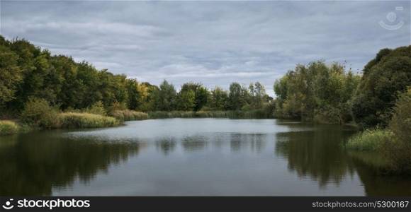 Panoramic view of the lake in the park in autumn