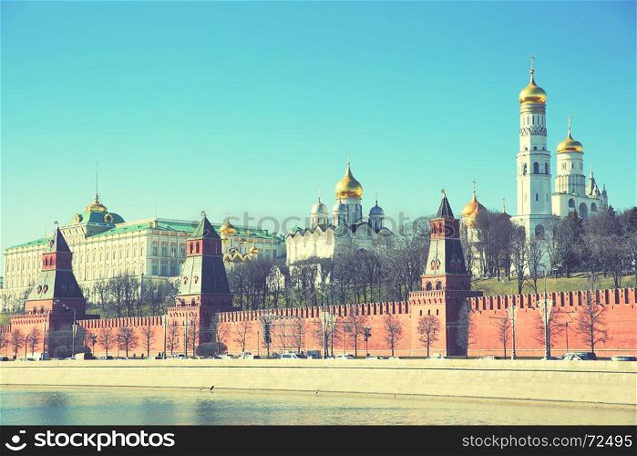 Panoramic view of The Moscow Kremlin, Russia. Retro style filtred image