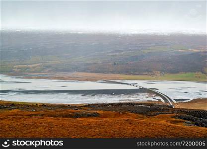 Panoramic view of the mountains in front of Hengifoss waterfall in eastside of Iceland. Panoramic view from Hengifoss waterfall, Iceland