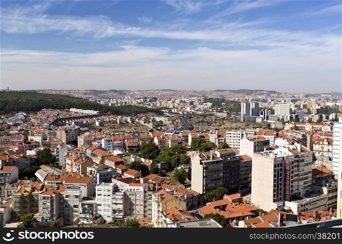 Panoramic view of the orange roofs of the city from the newest Amoreiras Lookout Point in Lisbon, Portugal