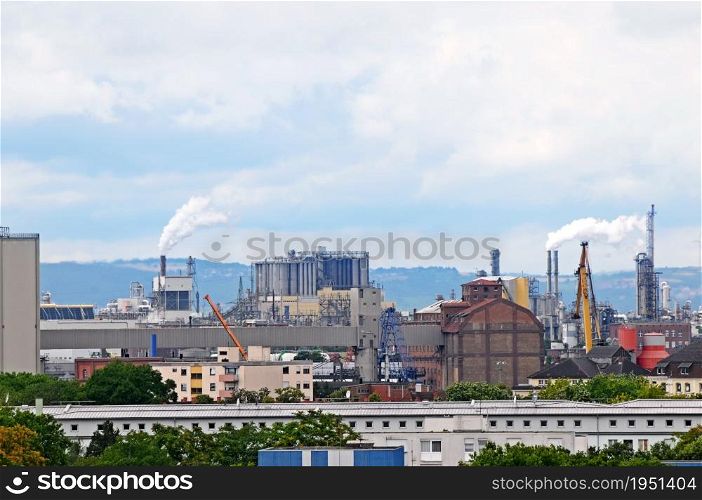 Panoramic view of the plant. Industrial area of the city of Mannheim Germany.