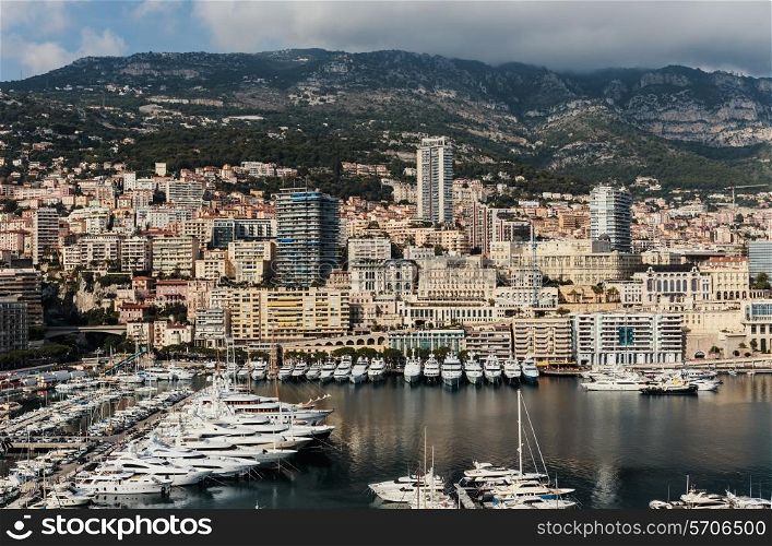 Panoramic view of the port in Monte Carlo, Monaco. Principality of Monaco is a sovereign city state, located on the French Riviera