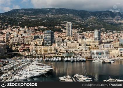 Panoramic view of the port in Monte Carlo, Monaco. Principality of Monaco is a sovereign city state, located on the French Riviera