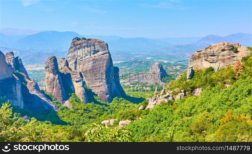 Panoramic view of the rocks in Meteora and Thessaly valley in Greece - Greek landscape