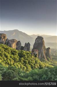 Panoramic view of the Rousanou Monastery in Meteora, Kalambaka town in Greece, on a sunny summer evening. Rousanou Monastery in Meteora, Greece