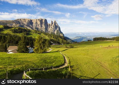 Panoramic view of the upper floor of the Seiser Alm Schlern on a sunny day