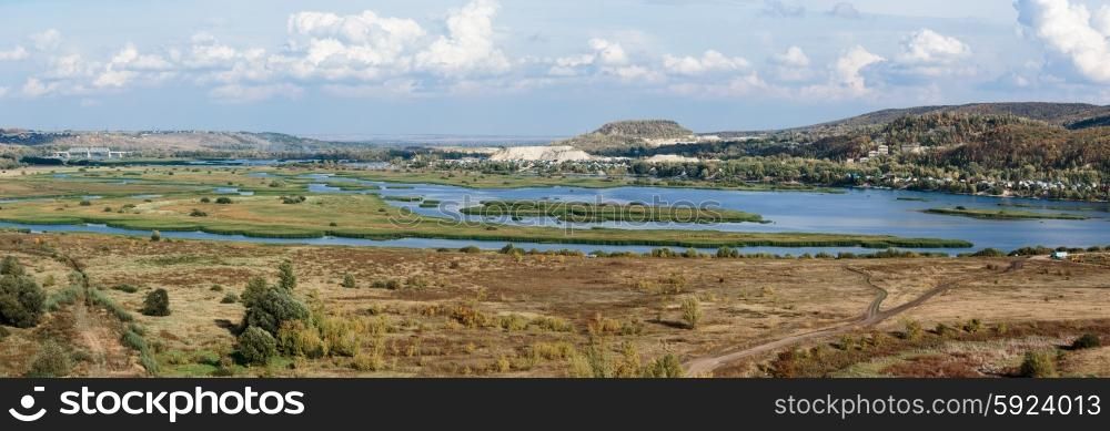 Panoramic view of the valley of the Volga river from the hill