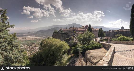 Panoramic view of the Varlaam Monastery in Meteora, Kalambaka town in Greece, on a sunny summer day. Varlaam Monastery in Meteora, Greece