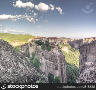 Panoramic view of the Varlaam Monastery in Meteora, Kalambaka town in Greece, on a sunny summer day. Varlaam Monastery in Meteora, Greece