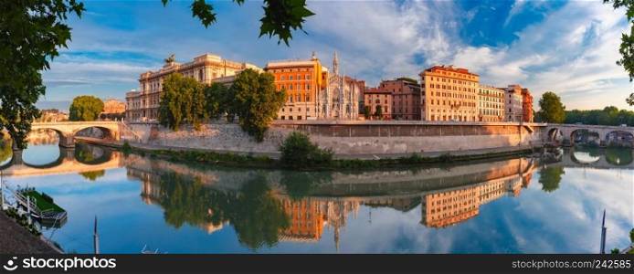 Panoramic view of Tiber riverside with Church of the Sacred Heart of Jesus in Prati and mirror reflection in the morning in Rome, Italy. Church of the Sacred Heart in Prati, Rome, Italy