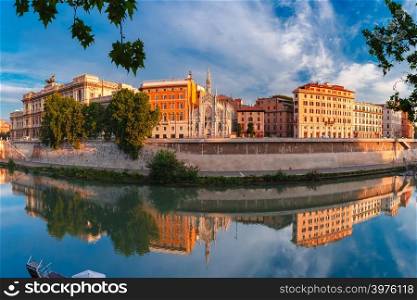 Panoramic view of Tiber riverside with Church of the Sacred Heart of Jesus in Prati and mirror reflection in the morning in Rome, Italy. Church of the Sacred Heart in Prati, Rome, Italy