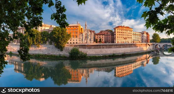 Panoramic view of Tiber riverside with Church of the Sacred Heart of Jesus in Prati and mirror reflection in the morning in Rome, Italy. Church of the Sacred Heart in Prati, Rome, Italy