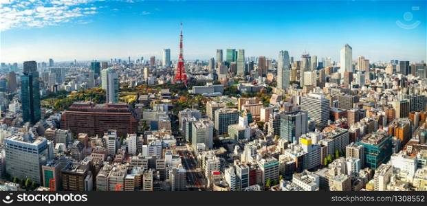 Panoramic view of Tokyo tower in Tokyo, Japan. Japan famous tourist destination. Aerial view of Tokyo tower. Japanese central business district, downtown building and tower in Tokyo, Japan cityscape.