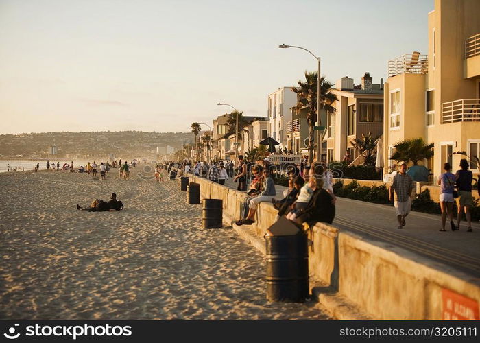 Panoramic view of tourists on the beach, San Diego, California, USA