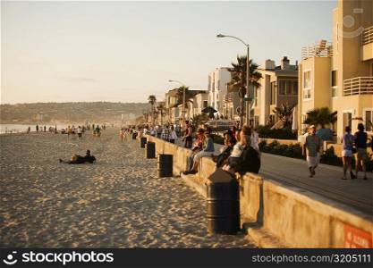 Panoramic view of tourists on the beach, San Diego, California, USA