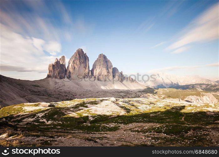 Panoramic view of Tre Cime at cloudy sunny morning, Italian Dolomites