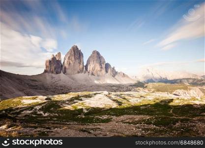 Panoramic view of Tre Cime at cloudy sunny morning, Italian Dolomites
