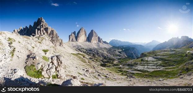 Panoramic view of Tre Cime at sunny day, Italian Dolomites