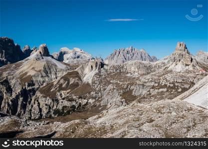 Panoramic view of Tre Cime nature park at sunny dayDolomites Alps, Italy. Panoramic view of Tre Cime nature park at sunny day