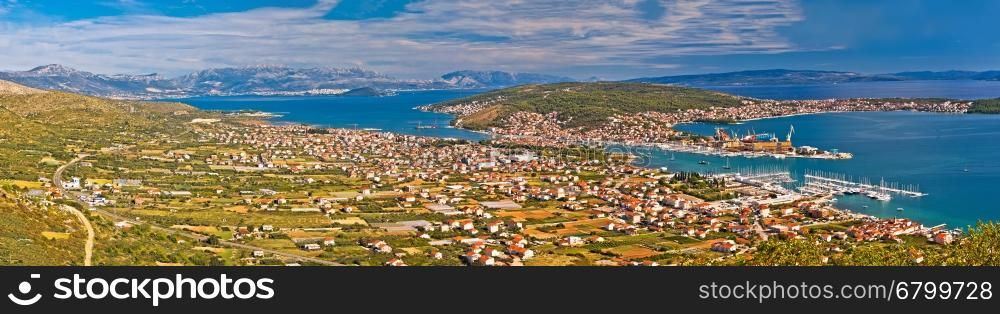Panoramic view of Trogir from above with Kastela bay, island Ciovo, Biokovo mountain and city of Split, Dalmatia, Croatia