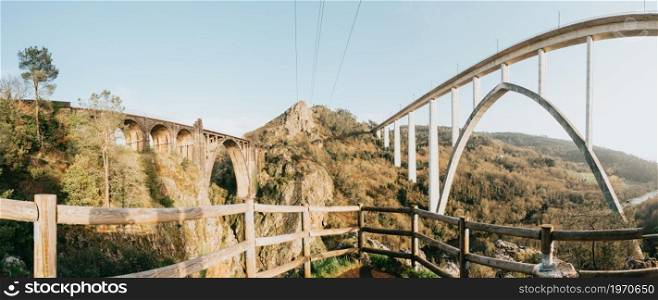 Panoramic view of two giant bridges in Galicia during a spring day with a relaxing view and peaceful concept