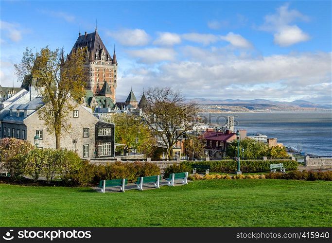 Panoramic view of Upper Town of Old Quebec City and Saint Lawrence river Quebec, Canada