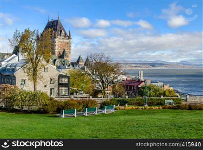 Panoramic view of Upper Town of Old Quebec City and Saint Lawrence river Quebec, Canada