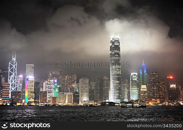 Panoramic view of Victoria Bay at night. Hong Kong