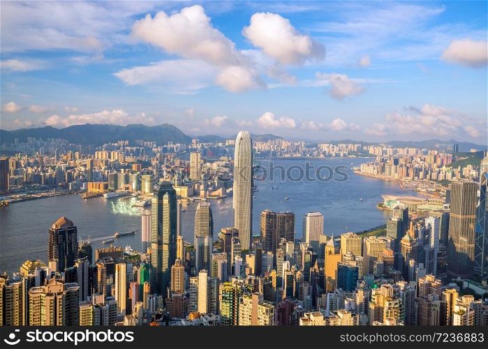Panoramic view of Victoria Harbor and Hong Kong skyline in China