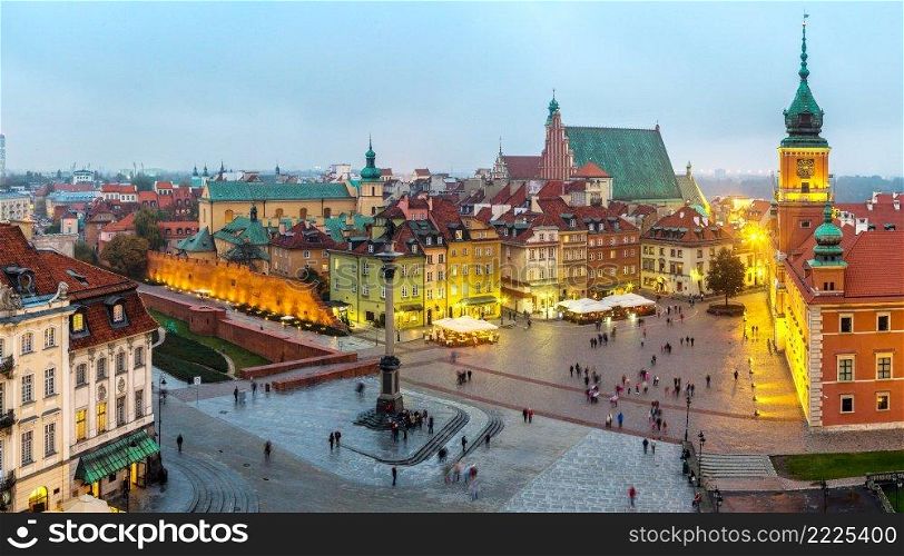 Panoramic view of Warsaw at night in Poland