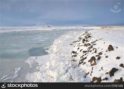 Panoramic view on a frozen river, winter in Iceland, Europe