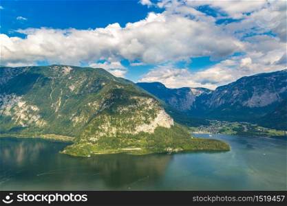 Panoramic view on Alps and lake Hallstatt, Salzkammergut, Austria in a beautiful summer day