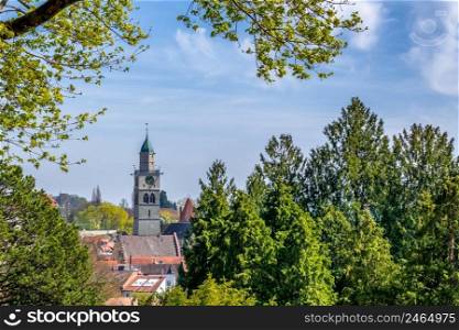  Panoramic view on beautiful Lake Constance with blue sky