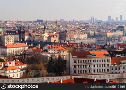 panoramic view on Charles bridge and Prague old town from above, Czech Republic