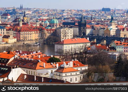 panoramic view on Charles bridge and Prague old town from above, Czech Republic