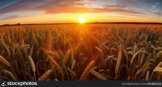 Panoramic view on field of golden ripe wheat on sunset. Generative AI.. Panoramic view on field of golden ripe wheat on sunset. Generative AI