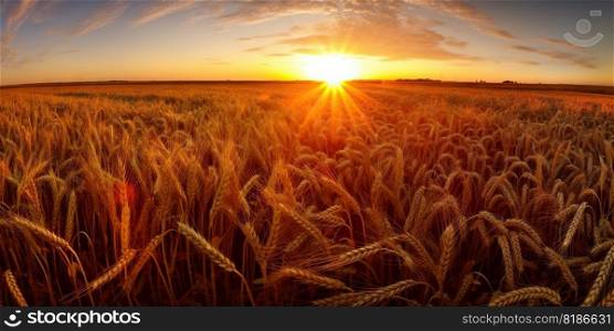 Panoramic view on field of golden ripe wheat on sunset. Generative AI.. Panoramic view on field of golden ripe wheat on sunset. Generative AI