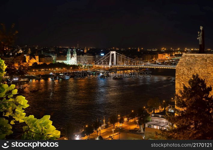 Panoramic view on illuminated Budapest in evening, Hungary