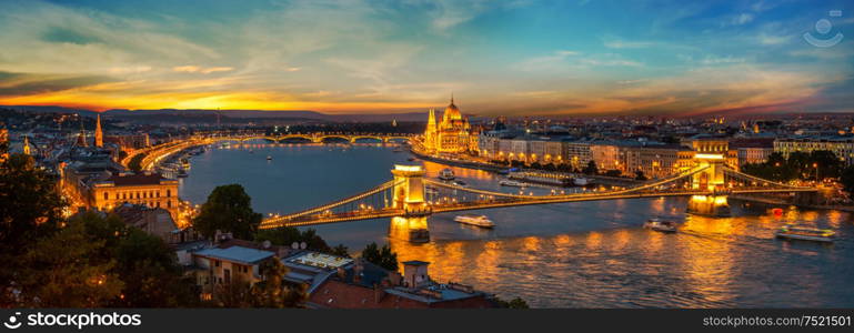 Panoramic view on illuminated Budapest in evening, Hungary