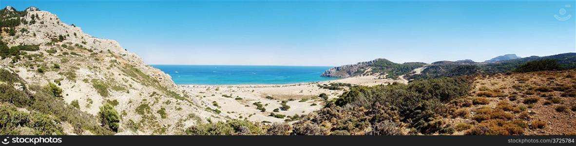 Panoramic view on Tsampika beach. Rhodes Island, Greece.